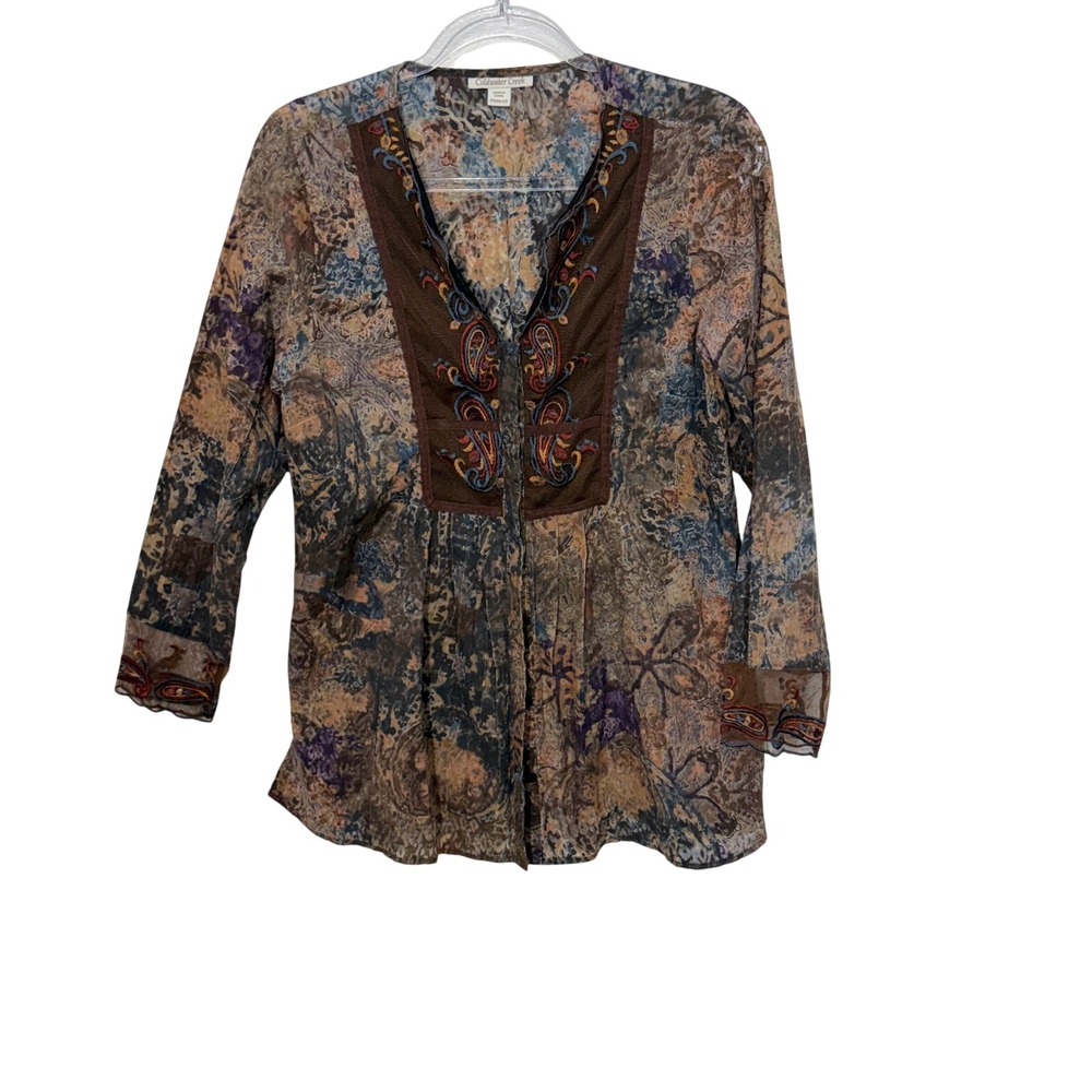 Coldwater Creek Mesh Blouse Womens PM Brown Paisley Embroidered V-Neck Top